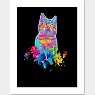 CAT FLOWERS RAINBOW Posters and Art